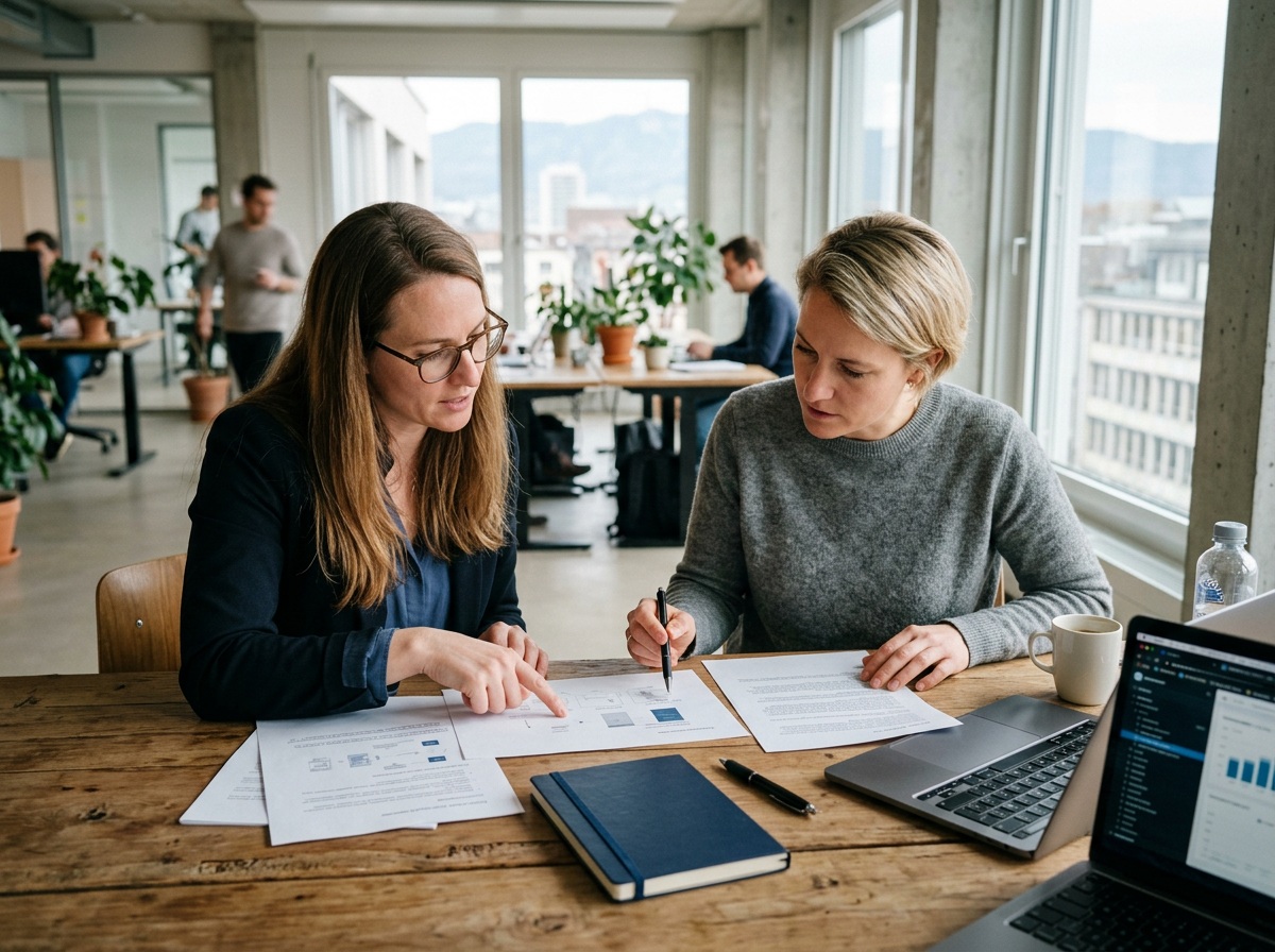 Gründerinnen und Gründer prüfen Unterlagen zur GmbH-Gründung Schweiz