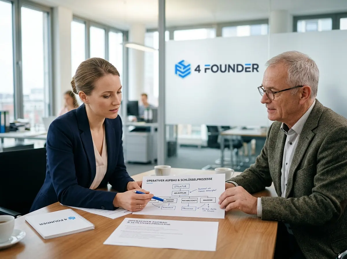 Gründerin und Berater prüfen nächste Schritte für eine arbeitsfähige Organisation