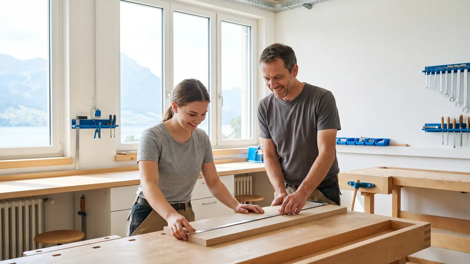 Schreiner zeigt einer jungen Mitarbeiterin in seiner Werkstatt, wie sie eine Holzkante misst
