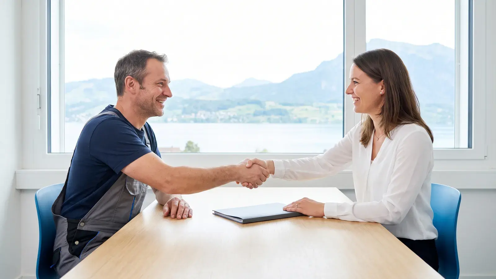 Unternehmer in Arbeitskleidung und Beraterin geben sich in einem Werkstattbüro die Hand