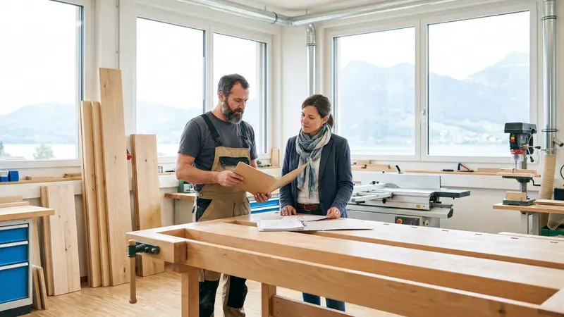 Schreiner bespricht in seiner hellen Werkstatt mit einer Beraterin einen Ordner, im Hintergrund Holzbretter und Maschinen