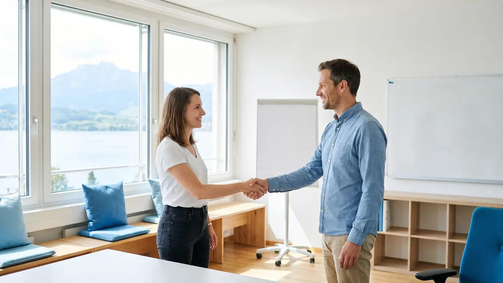 Zwei Gründer geben sich in einem hellen Büro mit grossen Fenstern die Hand