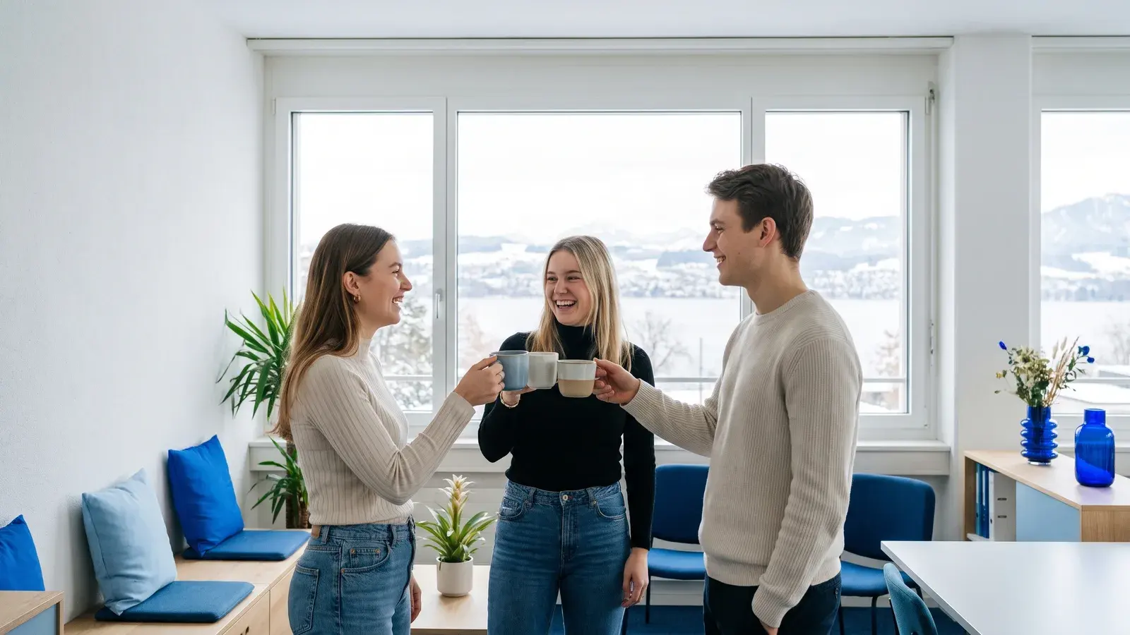 Drei Mitarbeitende stossen am ersten Arbeitstag im neuen Büro mit Kaffee an