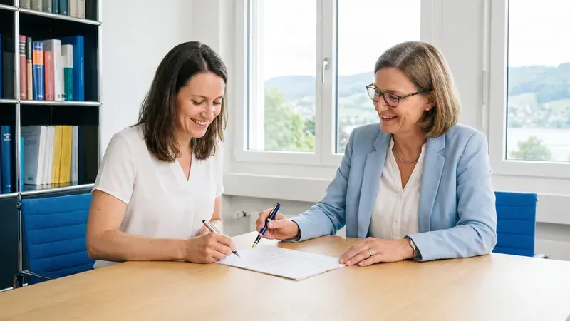 Gründerin unterschreibt im Notariat die Gründungsurkunde ihrer GmbH, die Notarin zeigt auf die Unterschriftszeile