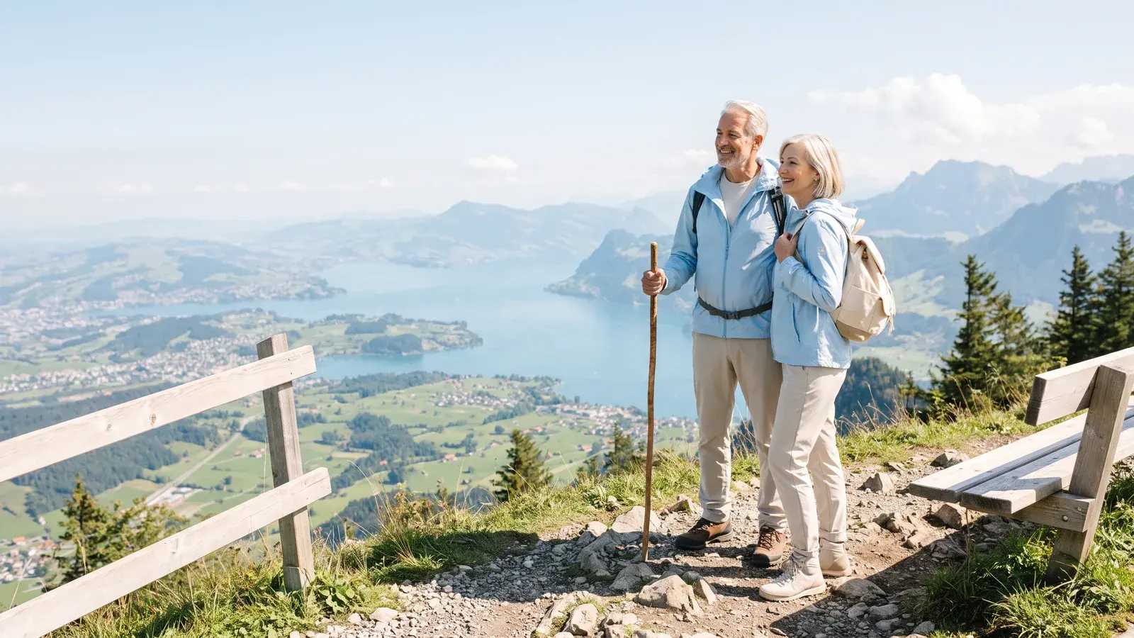 Paar um die 60 wandert auf einem Bergweg in den Schwyzer Voralpen