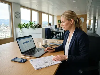 Arbeitsplatz mit Laptop und Smartphone bei der Rechnungsstellung