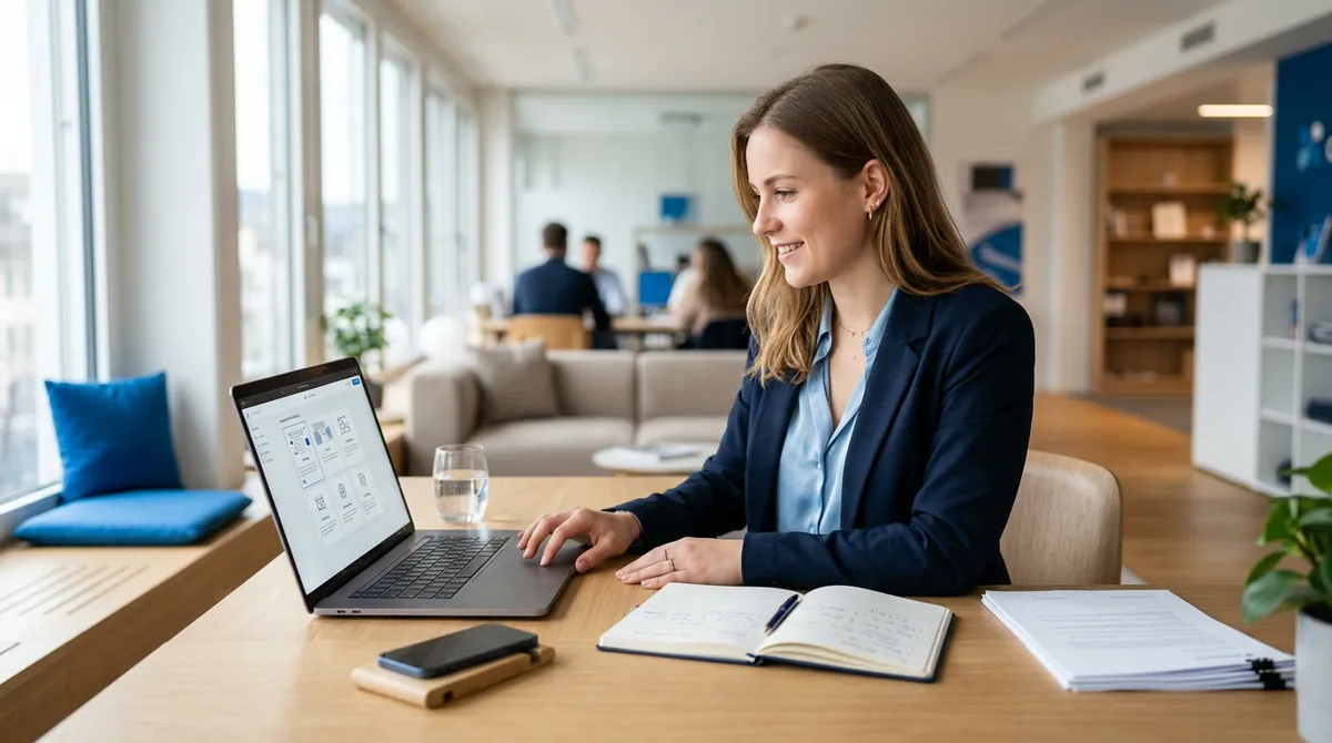 Unternehmerin stellt ihr Setup am Laptop zusammen