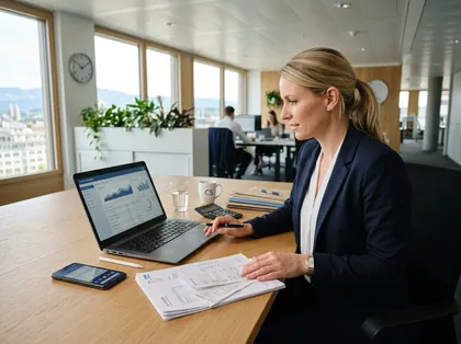Arbeitsplatz mit Laptop und Smartphone bei der Rechnungsstellung