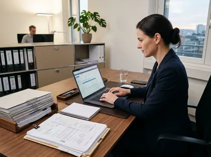 Arbeitsplatz einer Treuhandfachperson mit Buchhaltungsunterlagen