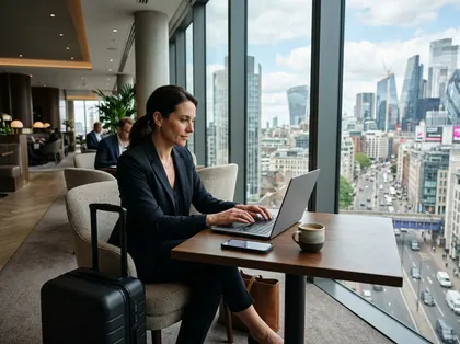 Geschäftsperson mit Laptop an einem internationalen Co-Working-Standort