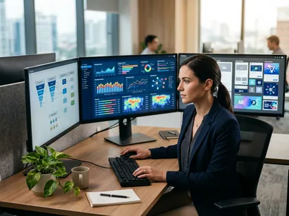 Marketingfachperson bei der Auswertung einer Online-Kampagne