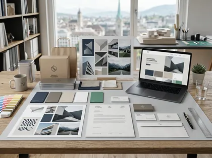 Design-Arbeitsplatz mit aufeinander abgestimmten Markenelementen