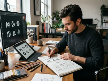 Grafikdesigner bei der Logoentwicklung am Arbeitsplatz