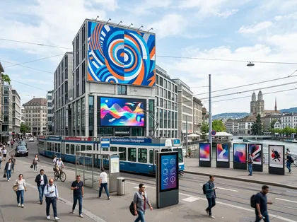 Schweizer Stadtlandschaft mit grossflächiger Aussenwerbung