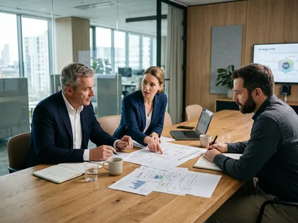 Unternehmer im Strategiegespräch mit einer Beraterin