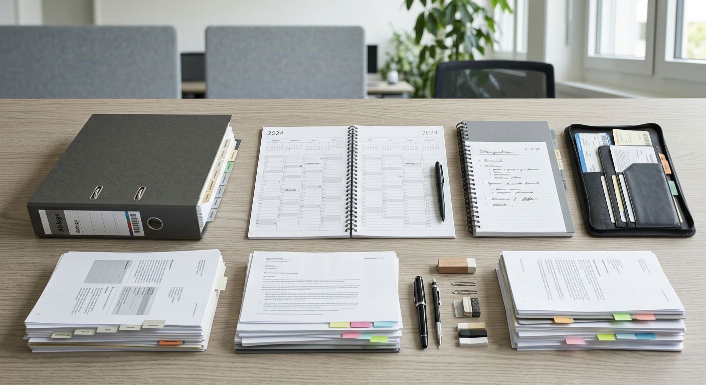 Geordnete Nachweise für Unternehmensdomizil und Steuerort mit Kalender, Belegen und Sitzungsprotokollen