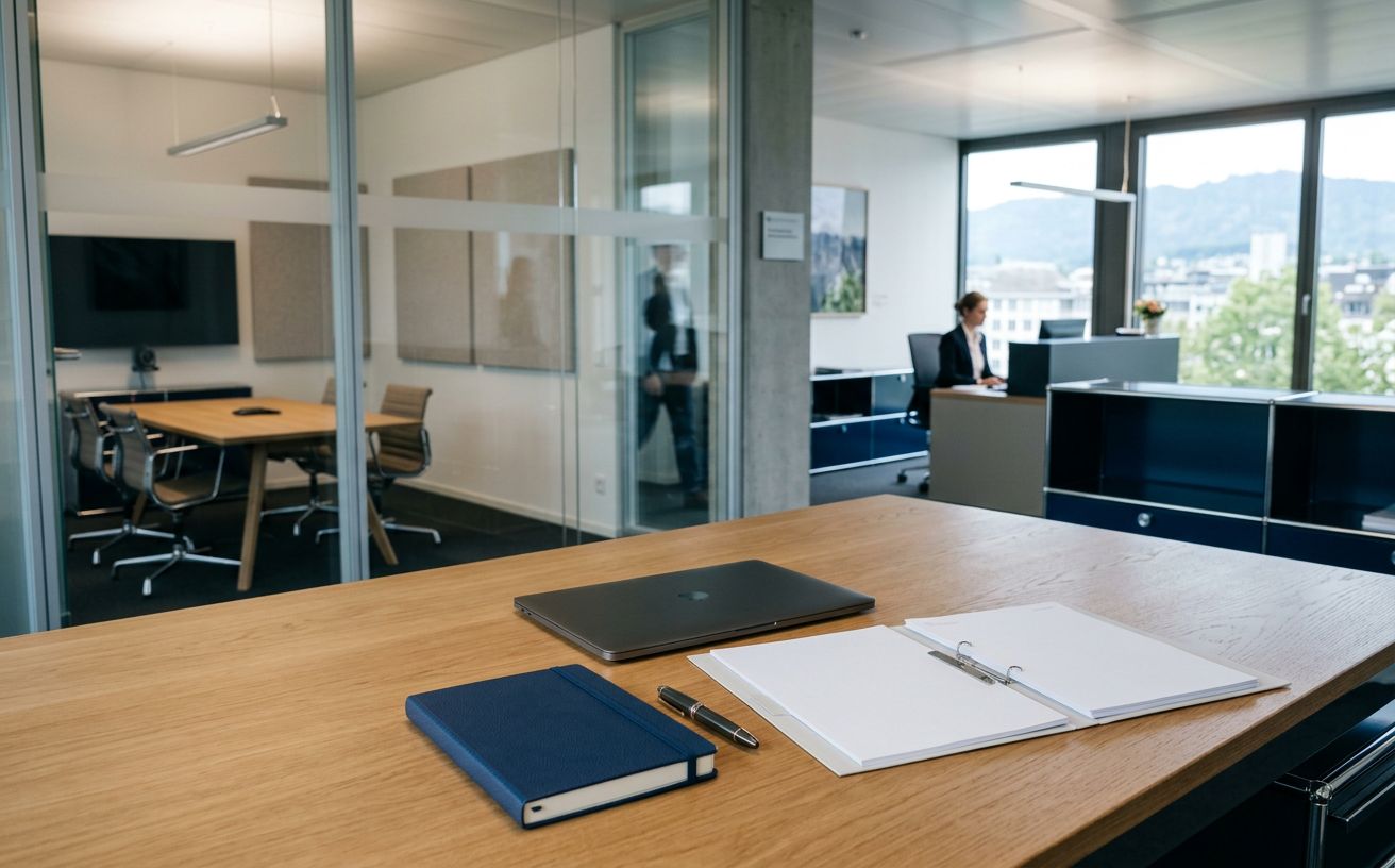 Unternehmensdomizil und Steuerort mit Geschäftsadresse, Arbeitsunterlagen und Besprechungsraum
